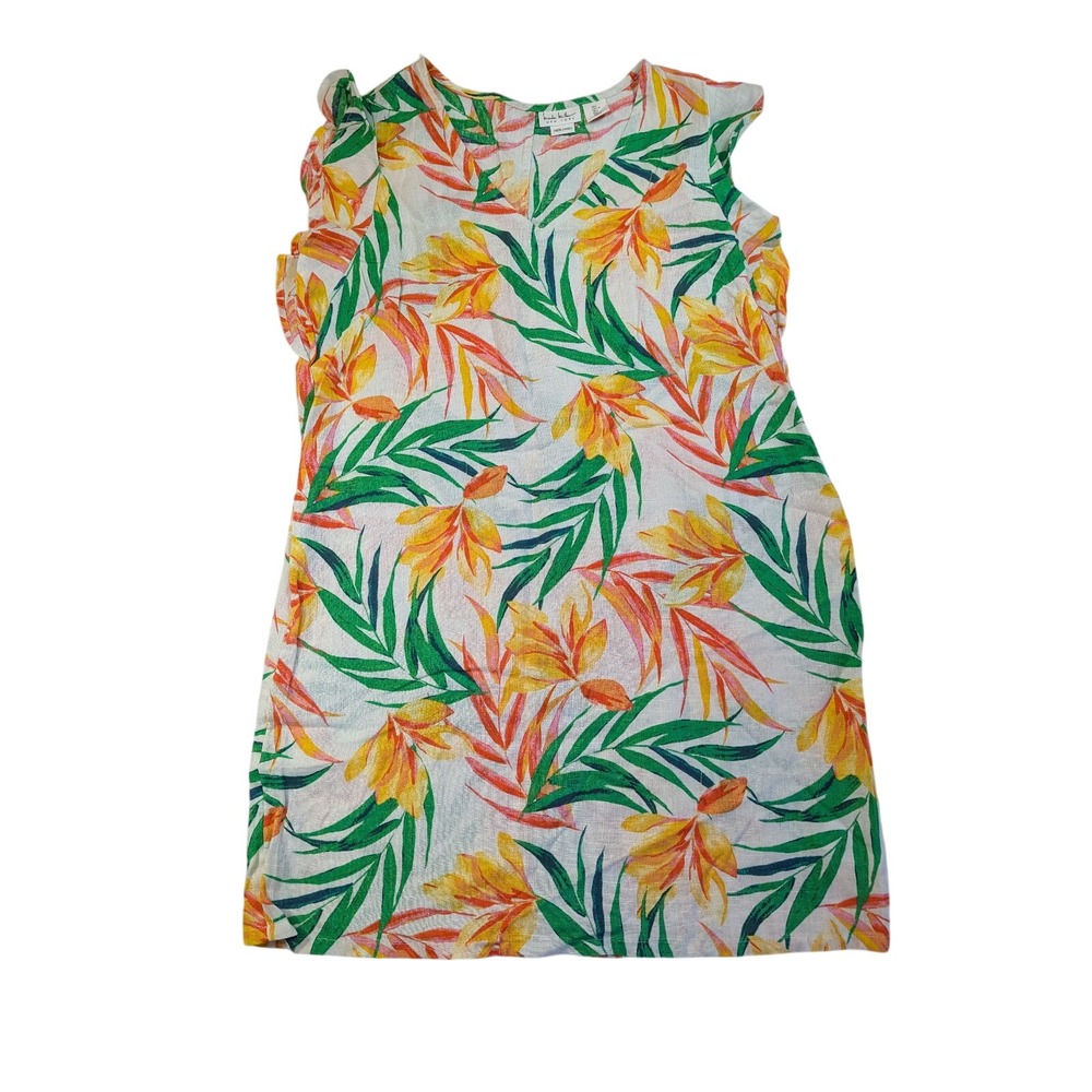 Nicole Miller Linen Dress Floral Print‎ Ruffle Sleeves Summer Casual Large